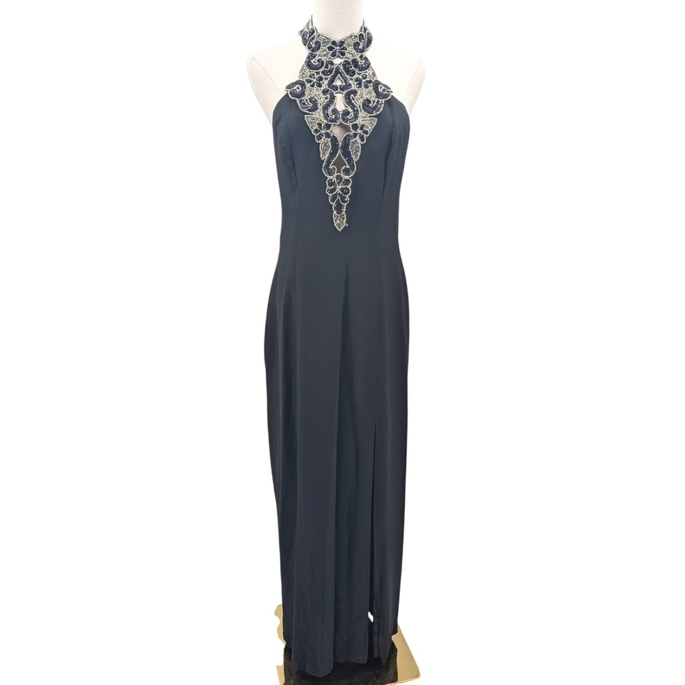 Vintage Zum Zum Gown Black Beaded Sequin Halter Column Evening Dress Size 11/12